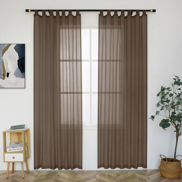 Sheer Curtains Light Filter Tab Top Curtains Indoor/Outdoor Voile 52x84" Brown - Picture 1 of 8